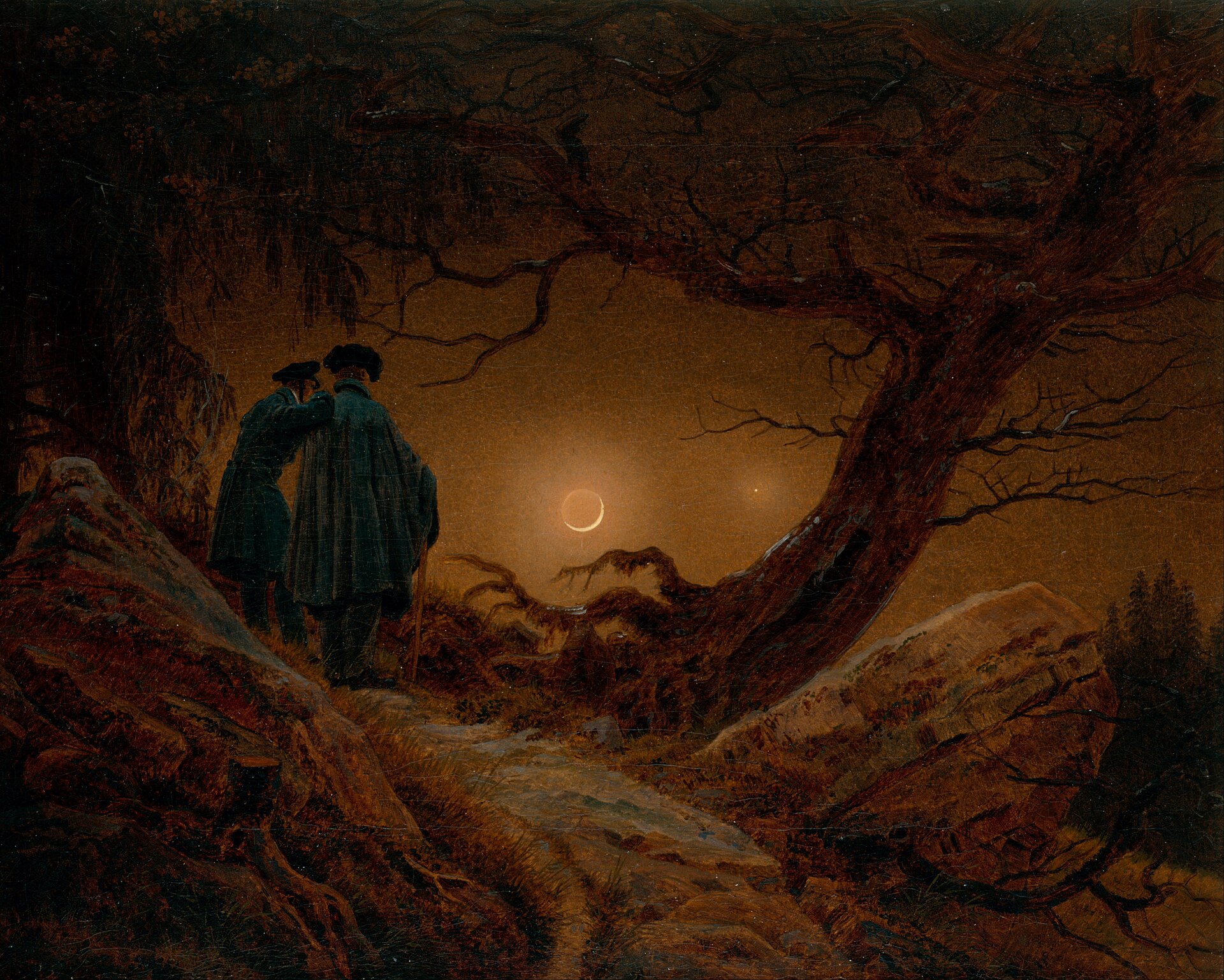 Two figures standing in a dim wood, contemplating the moon.