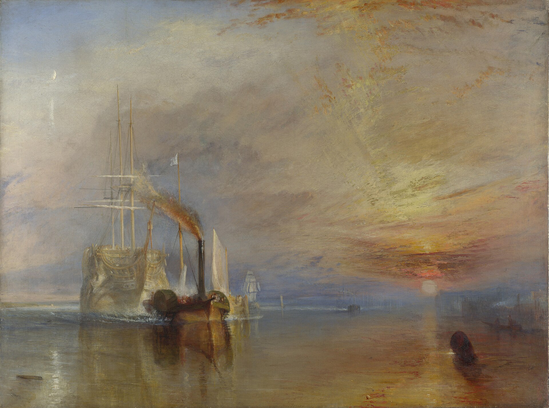 An old warship towed by a steam tug beneath a burning sunset.